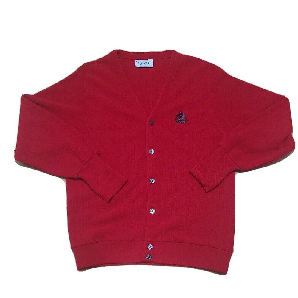 Vtg 90s Red Button Up IZOD Crest logo Cardigan Sweater Mens Medium made in USA